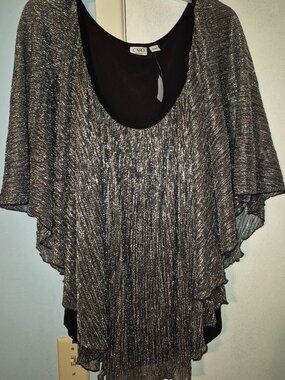 Cato Woman Black & Silver Metallic Overlay Blouse Drape Sleeves Women's Plus 4X
